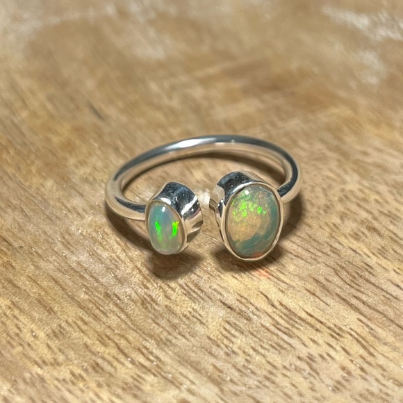 NWOT Two Stone Ethiopian Opal 925 Sterling Silver Adjustable Ring - Picture 6 of 13